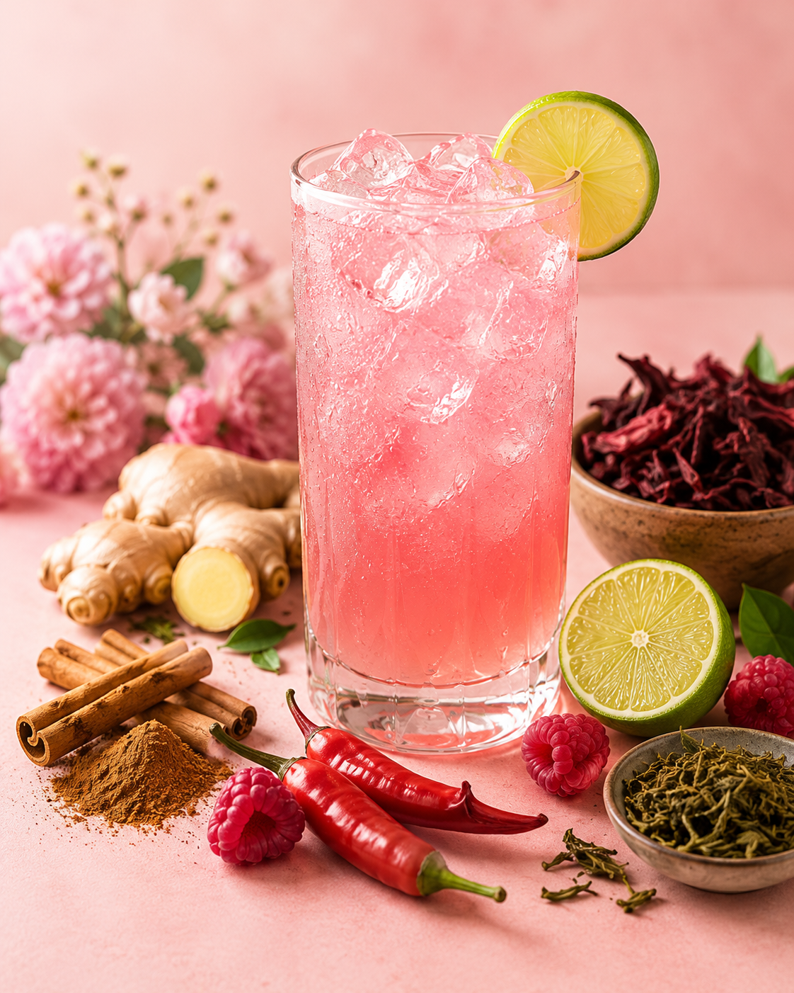Copo de Pink Lemonade com gelo, limão, framboesas, gengibre, canela e hibisco sobre fundo blush
