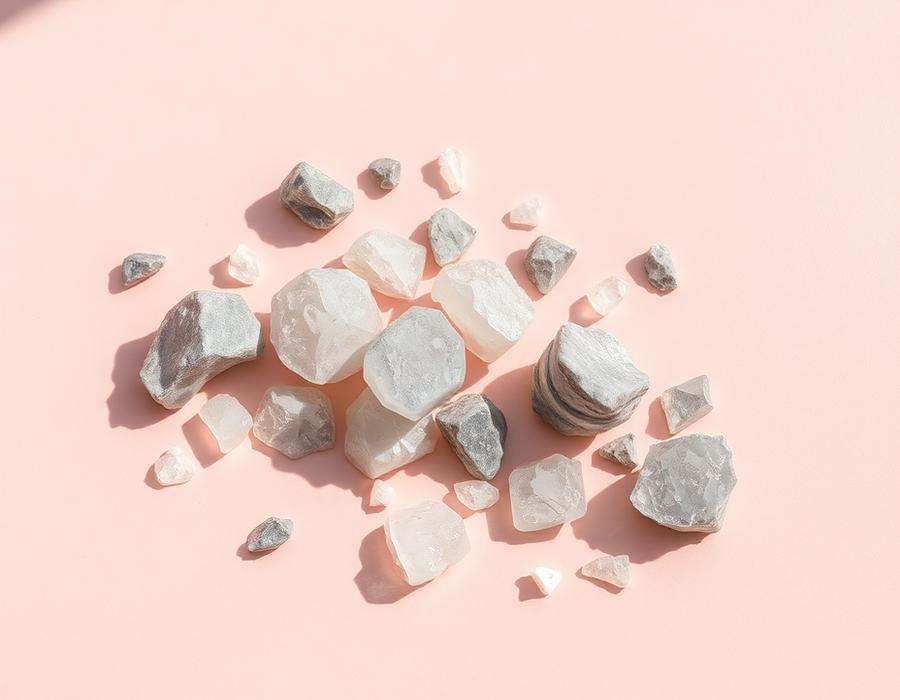 Fragmentos minerais claros sobre fundo rosado