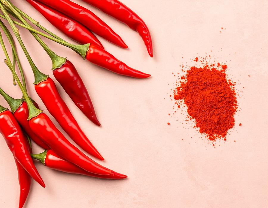 Pimentas vermelhas frescas e pimenta em pó sobre superfície rosada